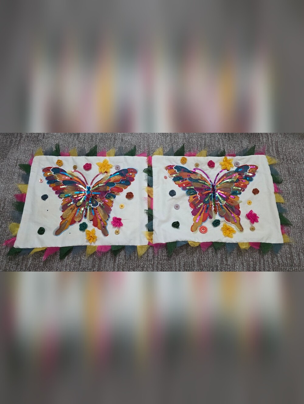 Two Pier 1 Butterfly Pillow Covers Sequins Beaded Fairycore Whimsical Artsy Fun